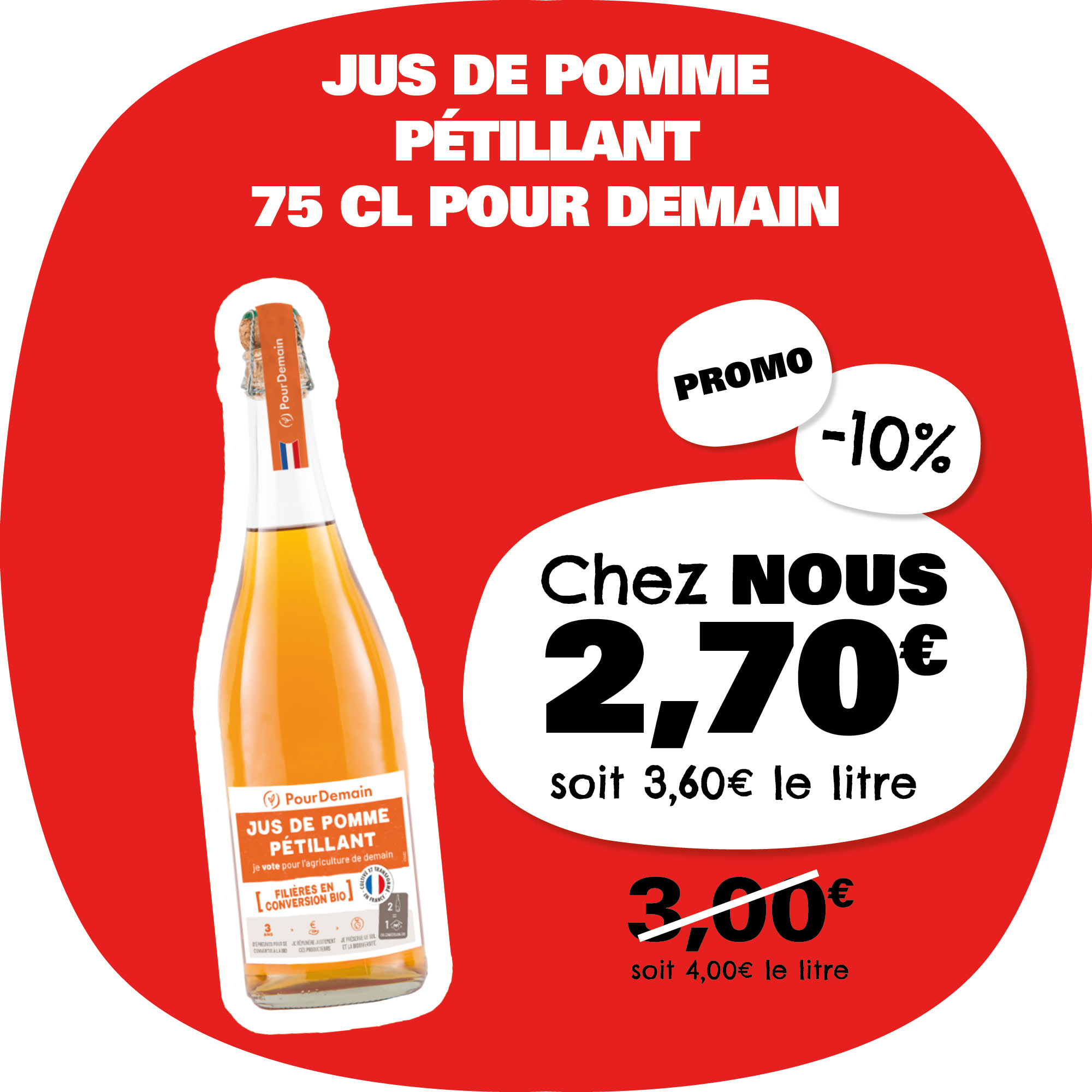 Jus de pomme pétillant POUR DEMAIN 2.70€